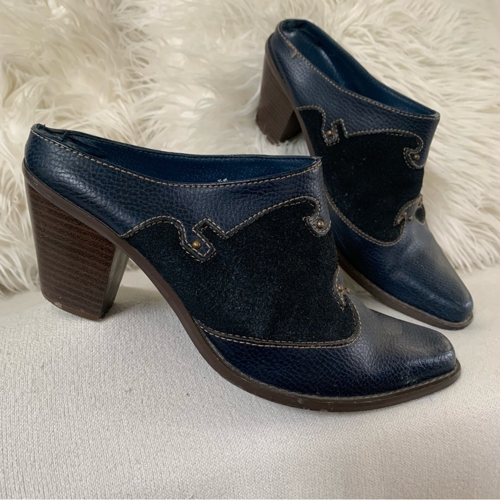 Western Navy Blue Leather Suede Studded Mule Heels
